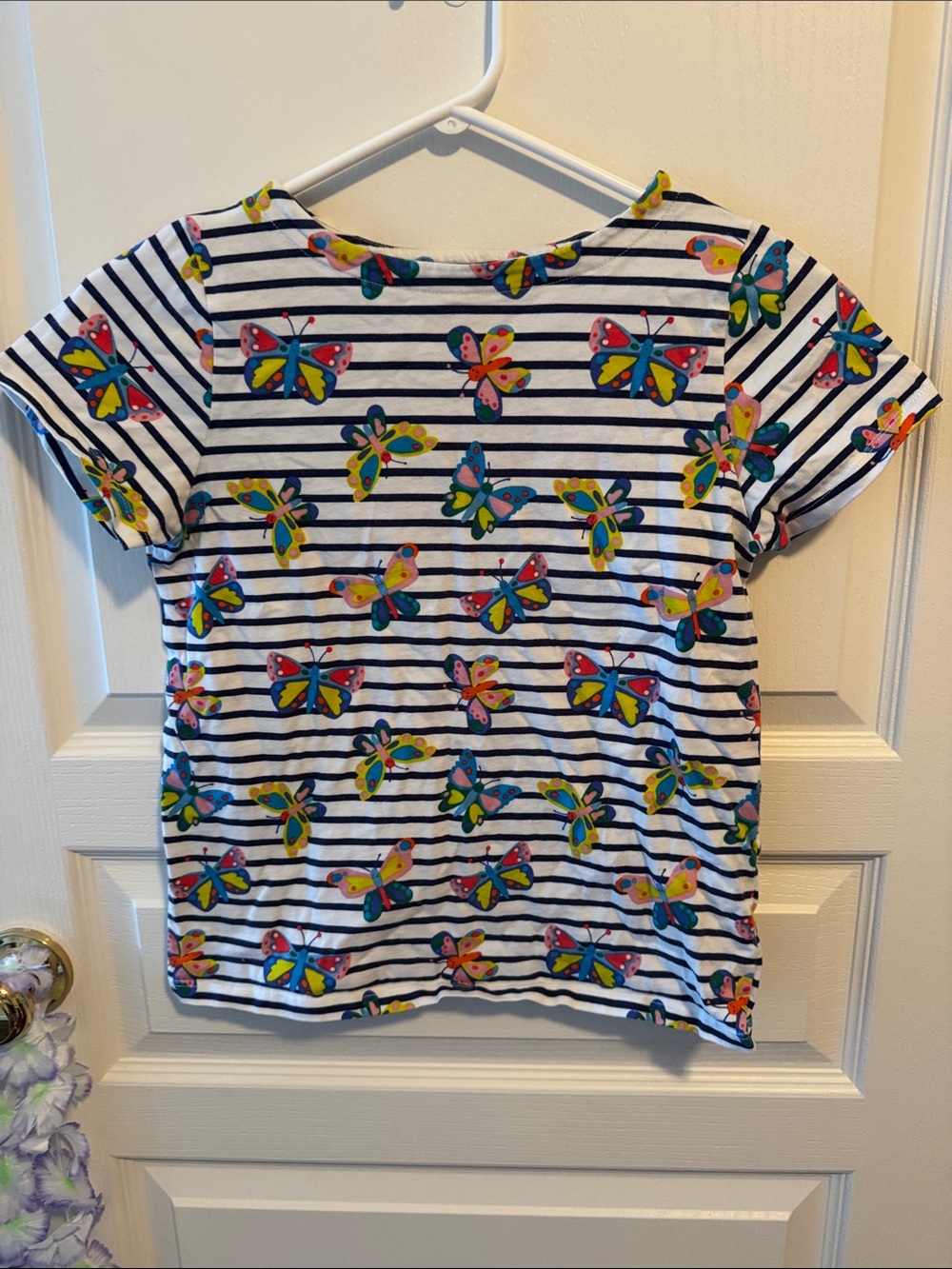 Mini Boden White & Navy Striped Tee with Multicolor Butterflies